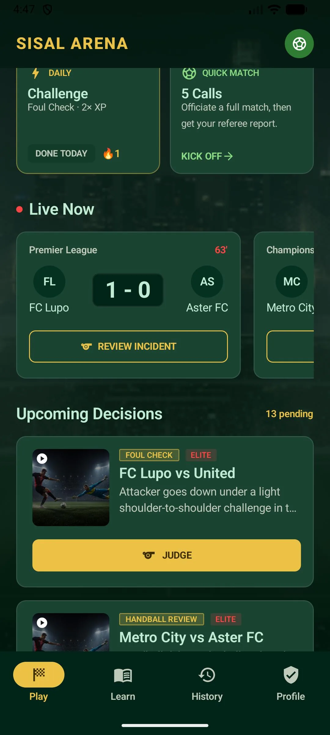 Sisal Arena – leaderboard and referee level